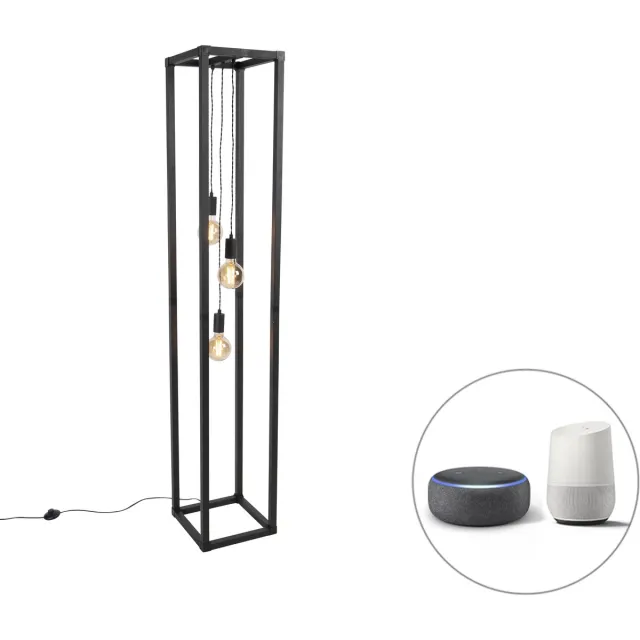 QAZQA big_cage - Design LED Smart Vloerlamp | Staande Lamp incl. wifi - 3 lichts - H 175 cm - Zwart - Industrieel - Woonkamer | Slaapkamer Zwart Smart LED