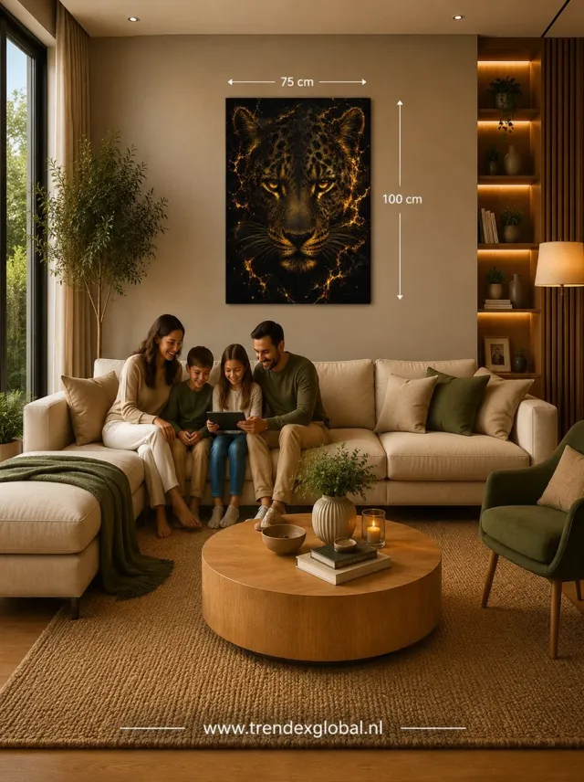 Trendex Global Canvas Schilderij 75x100 cm - Gouden Luipaard - Wilde Dieren - Moderne Wall Art - Goud - Zwart