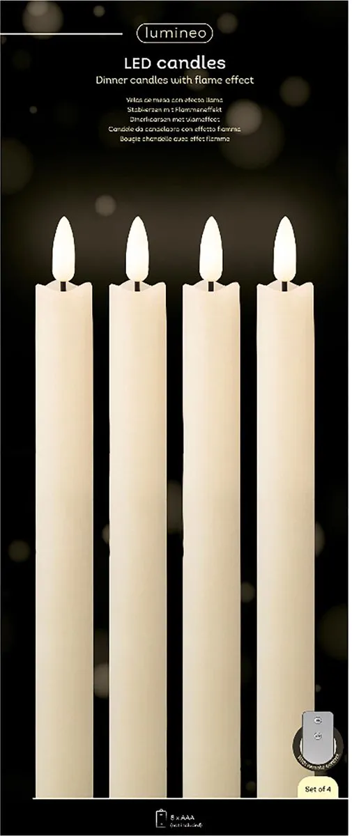 Lumineo LED kaars met afstandsbediening | 4 Dinerkaarsen | Wax | Creme | 24cm | Flikkerende vlam| Elektrische kaars | LED kaarsen met timer | Duurzaam | Veilig | Exclusief batterij AAA