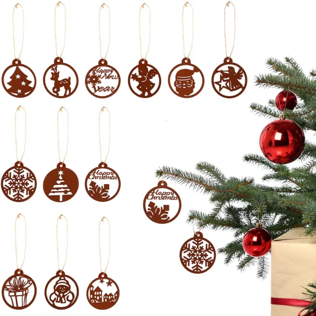 UNUS Kersthangers rond cadeau engel sneeuwpop 12 stuks set 7 cm roestlook
