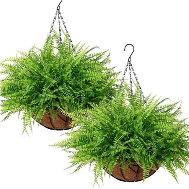 BOG Hangende Kunstplant Met Mand - 2 Stuks Kunst Hangplanten - Net Echt Varen - Kunststof Balkonplanten - Kunstplanten Buiten Weerbestendig Decoratie GROEN