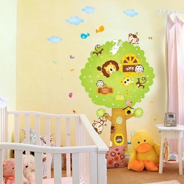 Stickerkamer Muursticker happy tree animals / muursticker boom met vrolijke beesten Multi colour