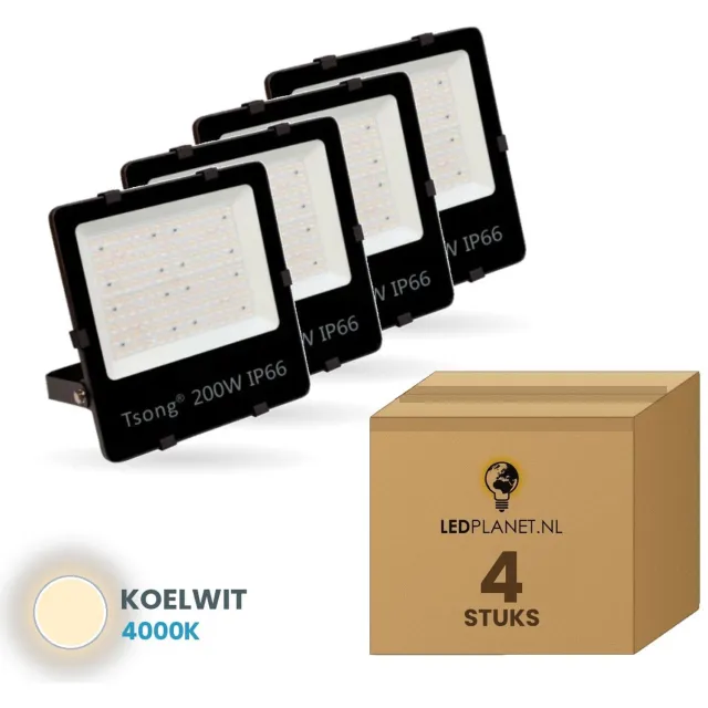 Tsong LED Schijnwerper 200W 30000lm - Koelwit 4000K - 90° - Philips driver - IP66 - 4 stuks