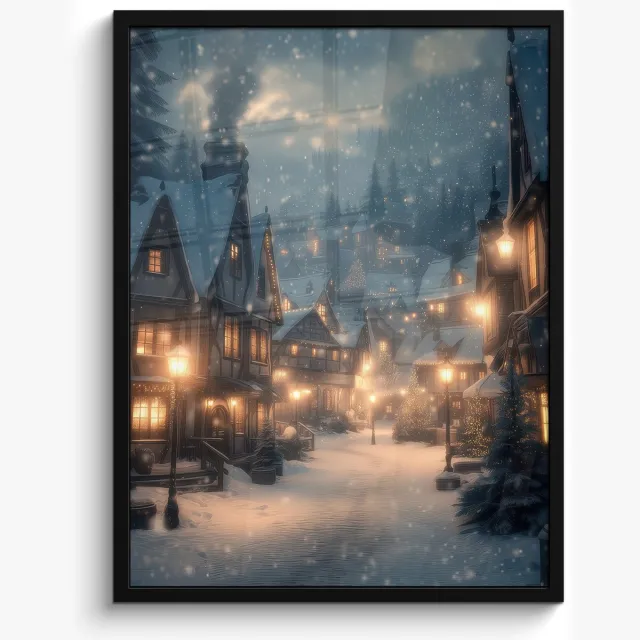 FrameYourWall Poster in lijst - Fotolijst 50x70 cm - Posters - Winterdorp - Sneeuw - Donker - Posterlijst zwart - Decoratie - Wanddecoratie woonkamer - Muurdecoratie slaapkamer