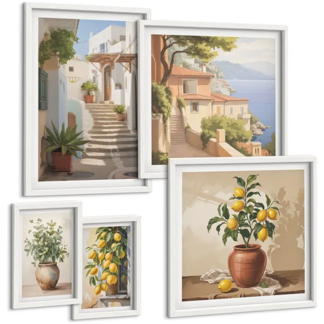 TULUP 4-Delige Schilderij Set - Stijlvol interieur met planten en pittoreske straatjes - 50 x 50 cm, 20 x 30 cm en 40 x 60 cm - Stijlvolle Wanddecoratie - Interieur - Stijlvolle Muurdecoratie Witte lijst
