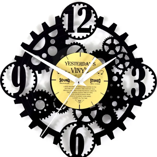 Yesterdays Vinyl Vinyl Klok met Tandwielen – Raderenklok - LP Klok - 28 CM Zwart
