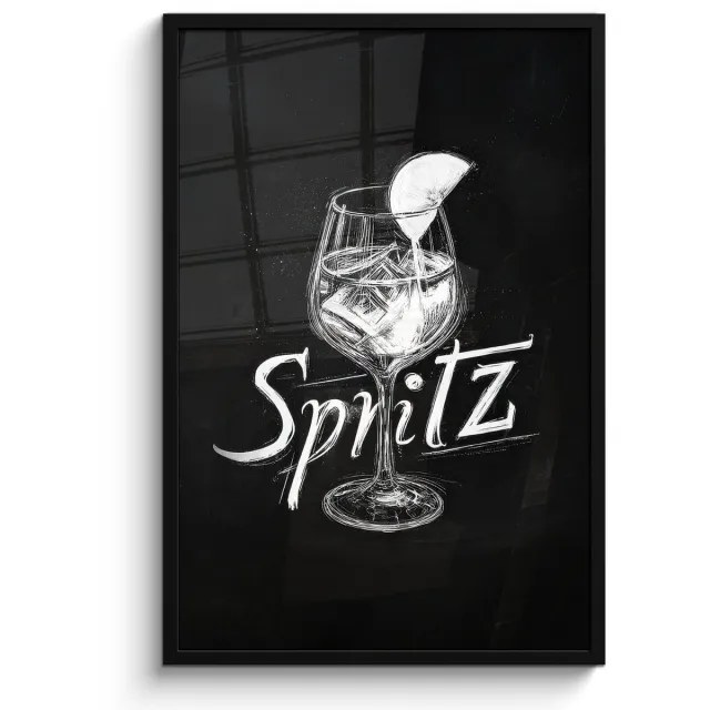 FrameYourWall Poster in lijst - Fotolijst 60x90 cm - Posters - Glas spritz - Krijtletters - Ijsblokjes - Citroen - Posterlijst zwart - Decoratie - Wanddecoratie woonkamer - Muurdecoratie slaapkamer Glas - Spritz