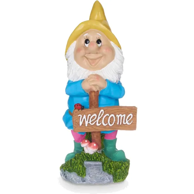 Giftdecor Tuinkabouter beeldje met Welcome bord - Polyresin - muts geel - 27 cm - decoratie dwerg
