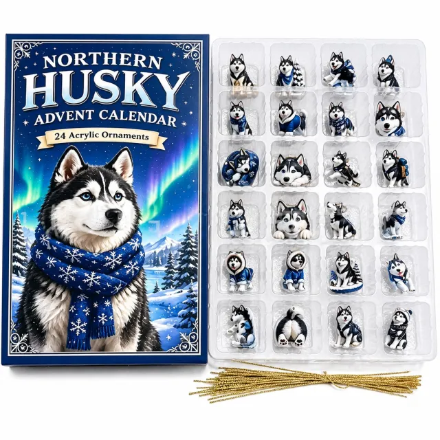 SWGOTA Husky-adventskalender met 24 acryl ornamenten - Diverse wintermotieven, vakkenbak en goudkleurige koordjes Zwart