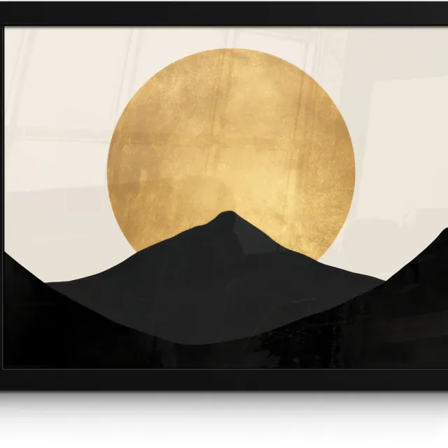 FrameYourWall Poster in lijst - Fotolijst 40x30 cm - Posters - Bergsilhouetten - Gouden cirkel - Beige - Posterlijst zwart - Decoratie - Wanddecoratie woonkamer - Muurdecoratie slaapkamer