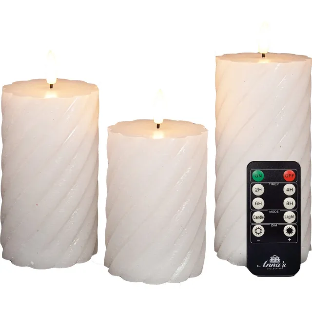 Anna's Collection Anna Collection LED kaarsen/stompkaarsen set - 3x st - wit - swirl - afstandsbediening