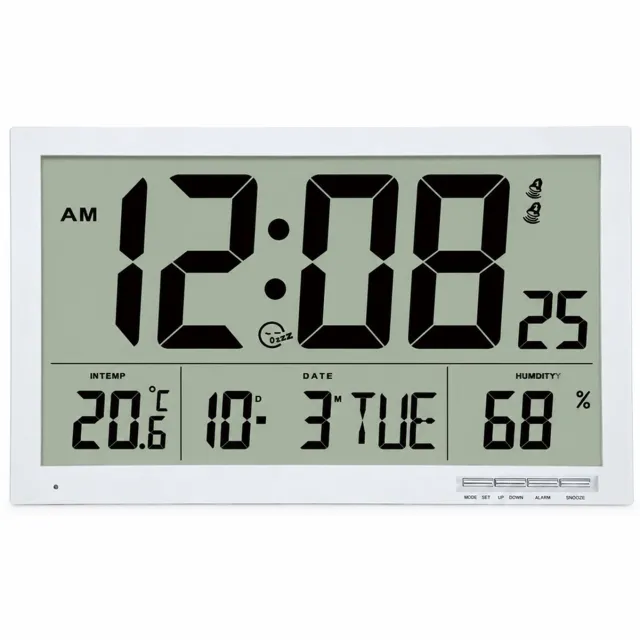SWGOTA Digitale wekker met groot LCD-scherm, temperatuur, luchtvochtigheid en kalender - wand- en tafelmodel - batterijvoeding - wit