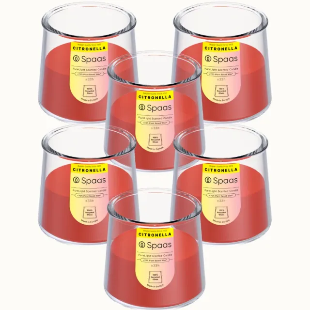 Spaas PureLight Citronella Geurkaars – Levendig Rood – 100% gerecycleerd glas – circa 33u – 6 geurkaarsen