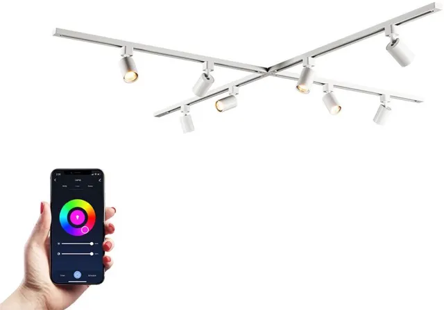 HOFTRONIC railverlichting pakket X-vorm – 4x 1 meter rail – 8 RGBWW GU10 railspots – dimbaar – aluminium wit – IP20 – modulair – 230V – led railsysteem woonkamer keuken
