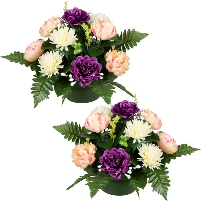 Louis Maes Kunstbloemen boeket crysanten in pot - 2x - kleurenmix - D30 x H24 cm - Bloemstuk - Bladgroen Paars