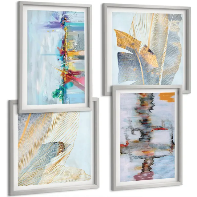 TULUP 4-Delige Schilderij Set - Abstracte composities in schilderstijl - 40 x 40 cm en 40 x 60 cm - Stijlvolle Muurdecoratie - Slaapkamer Zilveren lijst