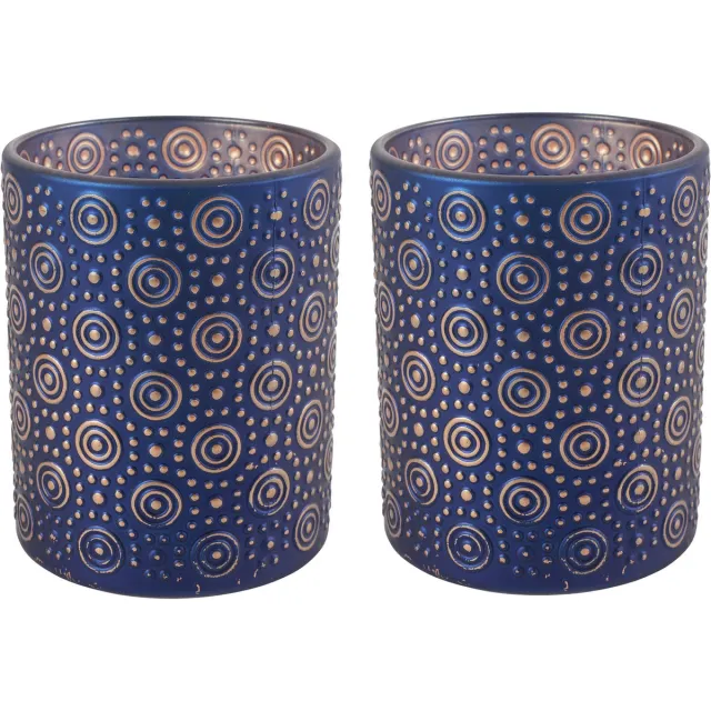 Countryfield Luxe theelichthouder - 2x stuks - Fantasy - glas - nachtblauw/goud - D10 x H12 cm