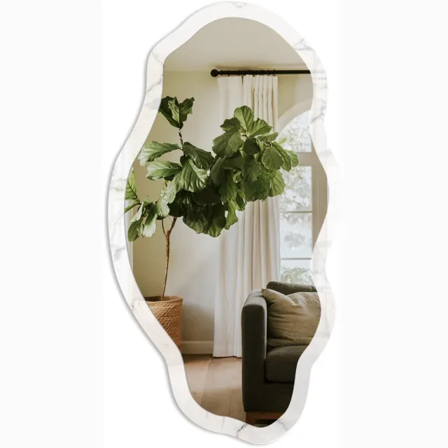 TULUP Marmerpatroon Spiegel - Wit Rechthoekige Spiegel Met Modern Design - Organische Spiegel - Badkamer, Keuken, Woonkamer - Klassiek - 45x90 cm - Totale afmeting 52x97 cm Marmerpatroon, Wit