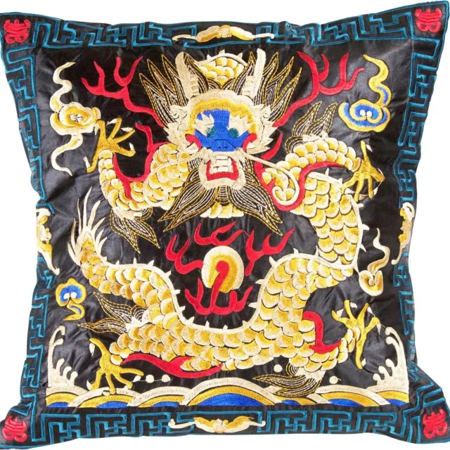 Fine Asianliving Kussenhoes Volledig Geborduurd Zwart Geel Draak 45x45cm Zonder Vulling