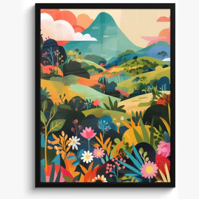 FrameYourWall Poster in lijst - Fotolijst 50x70 cm - Posters - Zonlicht - Heuvels - Wolkenlucht - Posterlijst zwart - Decoratie - Wanddecoratie woonkamer - Muurdecoratie slaapkamer Heuvels - Bloemen - Wolken
