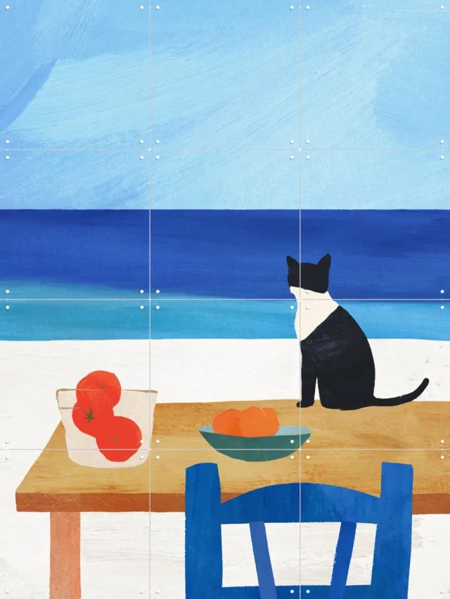 IXXI Cat at Lunch, Henry Rivers - 60 x 80 cm - Grote wanddecoratie en posters - Speels, Kleurrijk, Illustraties, Minimalisme, Abstract, Eetkamer Blauw