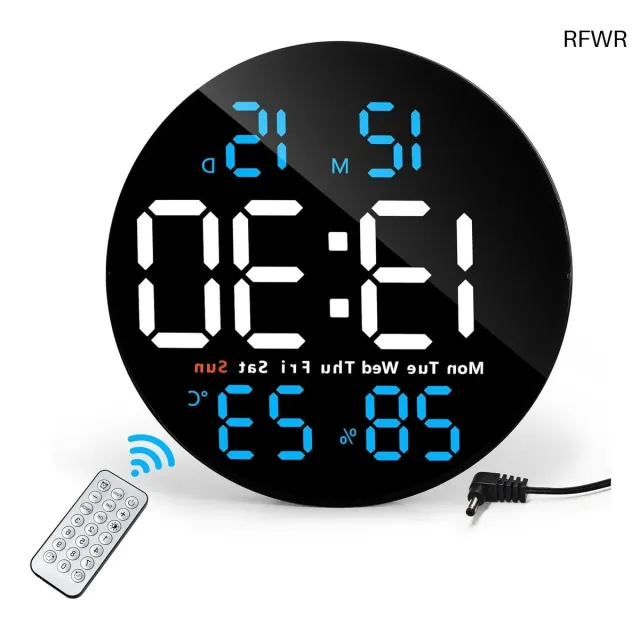 RFWR Ronde digitale LED wandklok met afstandsbediening, temperatuur, vochtigheid, datum en alarmen - 25 cm