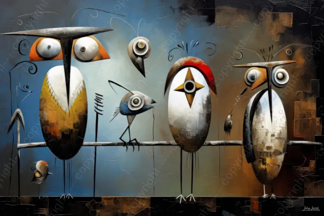 John Joseb Art (Canvas) 90x60 | Vogels op een tak, abstract surrealisme, Joan Miro stijl, humor, kunst | boom, dier, vogel, uil, rood, bruin, blauw, modern | Foto-Schilderij canvas print (wanddecoratie) Canvas, dikte 2 cm