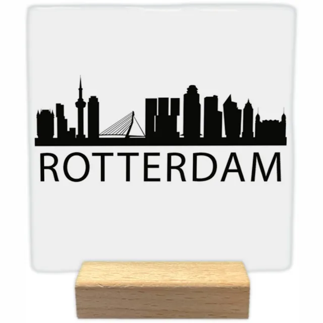Artige Decoratie tegeltje met tekst - Rotterdam skyline - keramisch - 10x10 cm - inclusief houder Wt