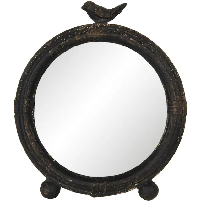 Clayre & Eef Staande Spiegel 26x30 cm Bruin Ijzer Hout Rond Vogel Tafel Spiegel