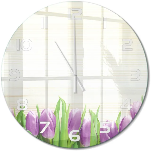 TULUP Wandklok - Paarse tulpen Decoratieve Glazen Klok - fi60 cm - Paars Glazen Wandklok Design - Witte handen - Ronde Klok - Glazen Klok Met Print - Wandklok Glas Met Motief