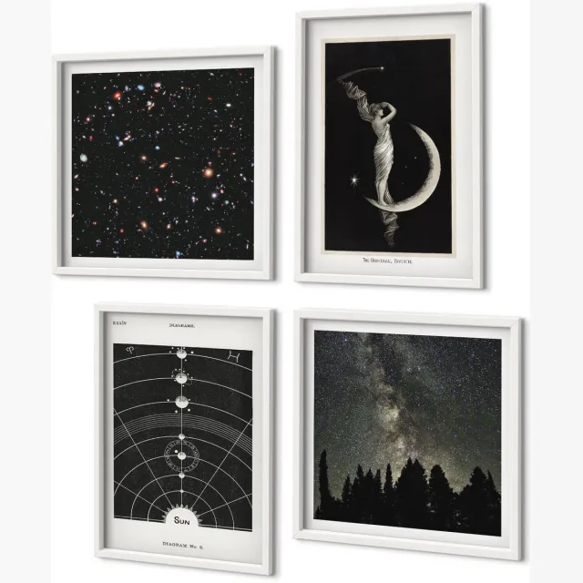 Coloray 4-Delige Schilderij Set - Sterrenstelsel In Het Zonnestelsel 'S Nachts Figuur Op De Maan - 40 x 40 En 40 x 60 - Muurdecoratie - Wanddecoratie - Hal - Woonkamer Decoratie Witte lijst