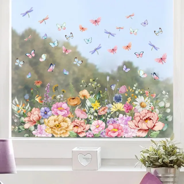 Cyslmuk Kleurrijke planten en bloemen vlinder libel Raamsticker Bloemen, Muursticker, Raamstickers, Tuin Vlinder, Planten, Bladeren, Raamfolie, Glas, Raamdecoratie, Muursticker 30x60cm Muursticker met kleurrijke planten en bloemen