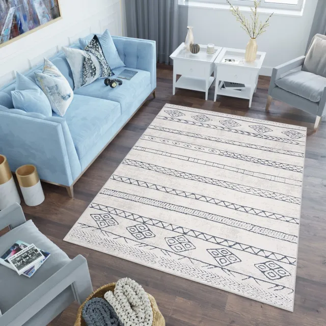 Tapiso Lotus Vloerkleed Beige Blauw Boho Woonkamer Laagpolig Tapijt Maat- 140x200 Beige Blauw 2