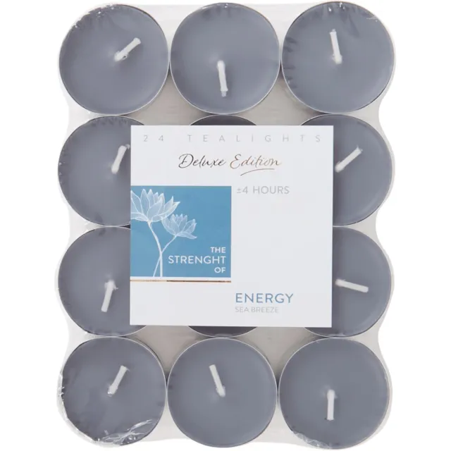 Deluxe Edition geurtheelichten | Madeliefjes Bloemenaroma | 4 branduren | Geurkaarsjes | 24X stuks | Waxinelichtjes | Geurkaars | ENERGY SEA BREEZE | Grijs/Blauw kaarsen