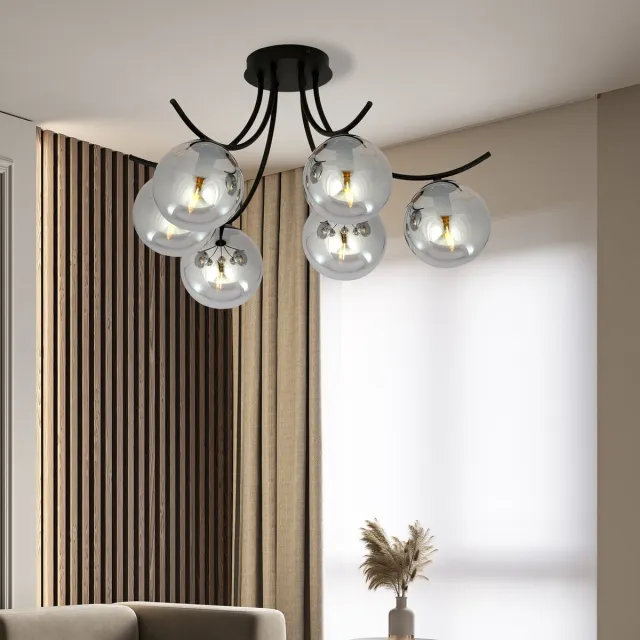 Emibig Kopenhagen zwarte plafonniere met gefumeerde bollen glas E14 - Perfecte verlichting voor jouw woonkamer Zwartachtig