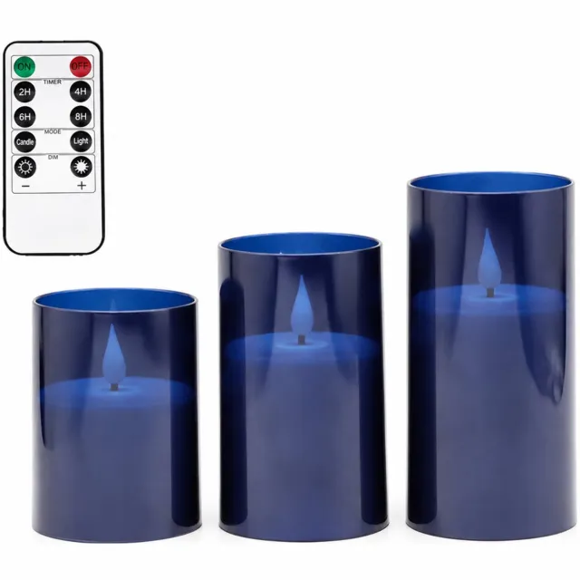 SWGOTA led kaarsen donkerblauw, 3 stuks per doos, verschillende hoogtes, druppelvormige top en afstandsbediening, voor bruiloften en verjaardagen