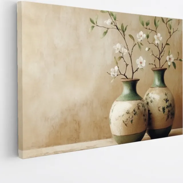 Saammp Canvas Schilderij - Witte Bloemen in vaas - Stilleven - Natuur - Abstract - 70x50 - Foto op canvas - Wanddecoratie - Muurdecoratie Woonkamer - Kantoor Decoratie Multicolor