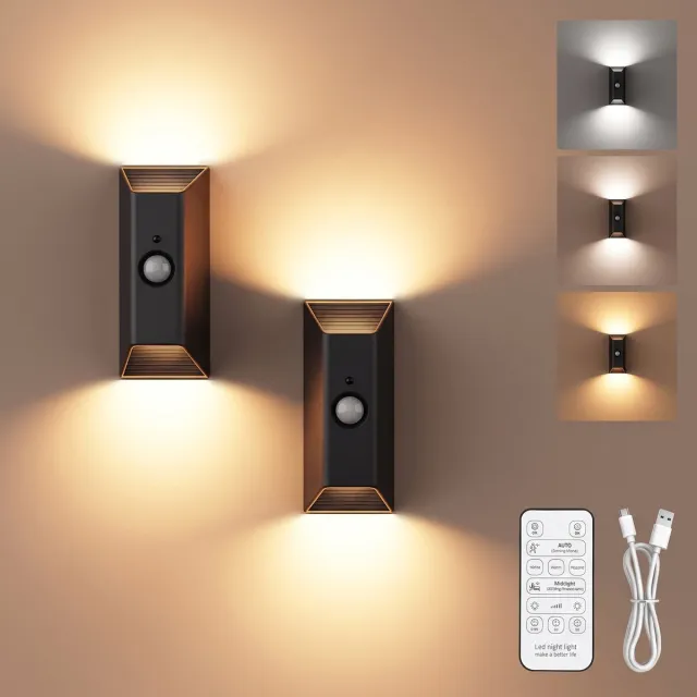Rayofi Wandlamp met bewegingssensor voor binnenshuis – Wandlamp met oplaadbare 4000 mAh-batterij – Drie kleurtemperaturen – Dimbaar – Draadloos magnetisch nachtlampje met afstandsbediening – Timer – Geschikt voor gangen, trappen en slaapkamers - twee zwart