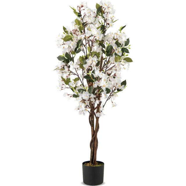 Costway Kunstboom met bloemen, 120 cm, kunstplant in pot, kunstmatige bougainvillea boom, nep potplant, kunstplanten voor binnen en buiten, slaapkamer, kantoor, tuindecoratie (wit, 1)