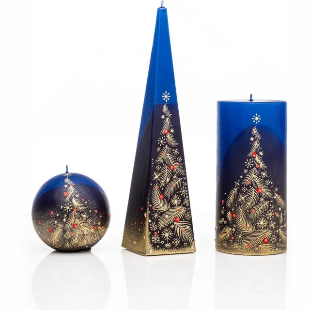 Jakelis Kaarsen - Set - Handgeschilderd - kerstboom - kerst - goudkleur - glitters Blauw-goudkleur