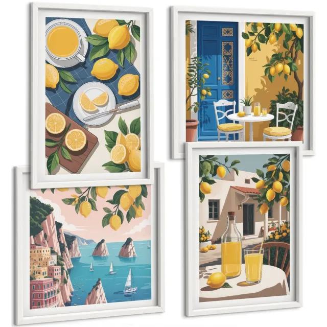 Coloray 4-Delige Schilderij Set - Lemonade, Italiaans Uitzicht En Een Zonnig Terras - 40 x 40 En 40 x 60 - Wanddecoratie - Schilderijen Set - Kantoor Witte lijst