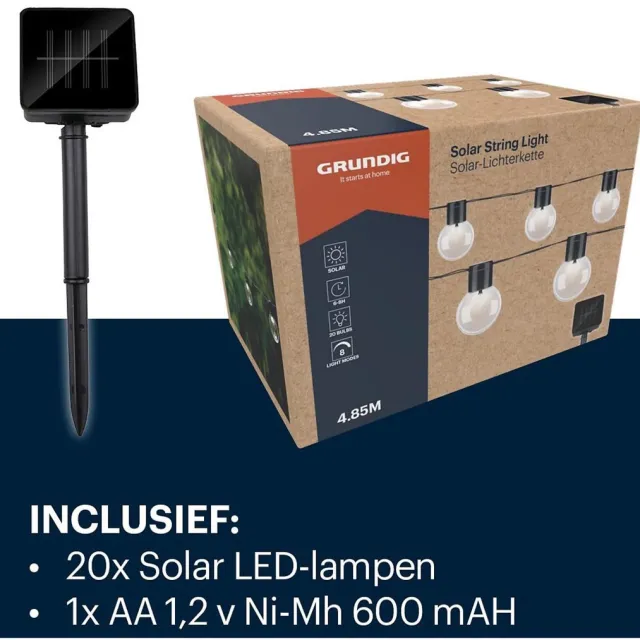 Grundig Solar Lichtsnoer 4,85 m - Tuinverlichting LED Buiten op Zonne-Energie - Garden Lights met Automatische Dag/Nacht Sensor - Cool White
