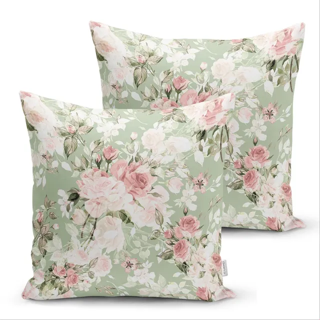 De Groen Home BLOEM - Sierkussen set van 2 45x45 cm - Pastel bloemen - Velvet - Inclusief binnenkussen - Aan beide zijdig bedrukt Lichtgroen