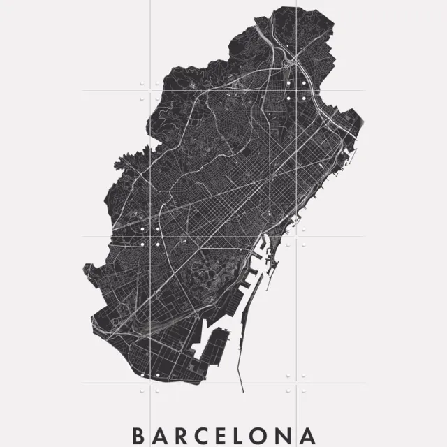 IXXI Barcelona City Map, Kunst in Kaart - 60 x 80 cm - Grote wanddecoratie en posters - Grafisch Ontwerp, Minimalisme, Line art, Woonkamer Monochroom / Zwart / Zwart en wit