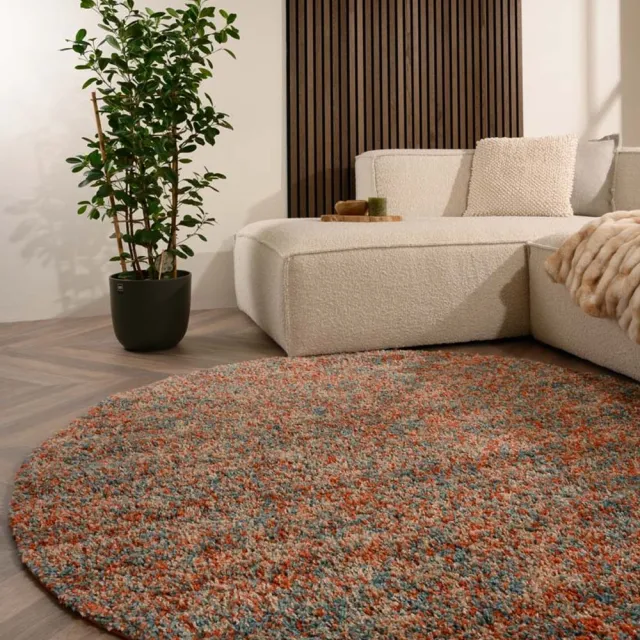 Tapeso Rond hoogpolig vloerkleed - Blend oranje/blauw 160