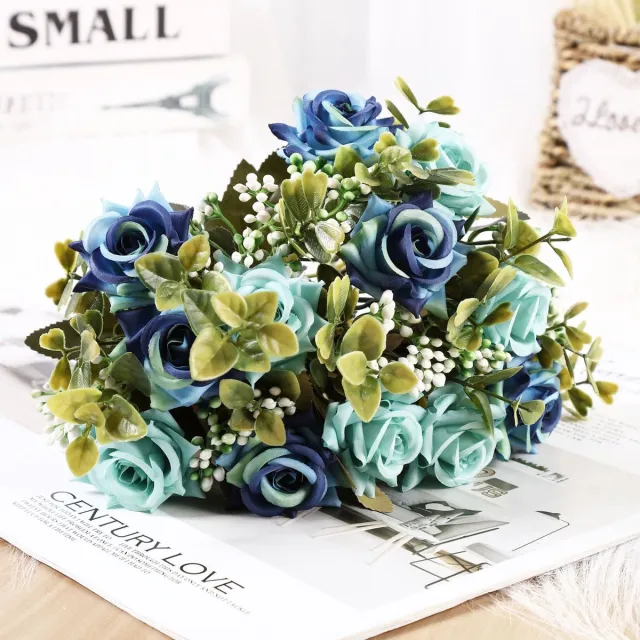 Helin life Kunstbloemen-Nepbloemen-Zijden Boeket-6 Pioenroos bloem –34cm hoog - doe-het-zelf boeket – DIY –Bruiloft-Decoratie–Extra 2m led-Blauw-2stuks blouw