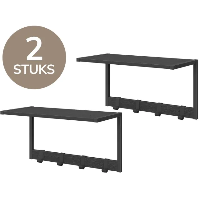 Acaza Kapstok - Wandkapstok - Wandplank - Wandrek - Set van 2 - Verwijderbare Haken - 50 x 24 x 26.5 cm - Zwart