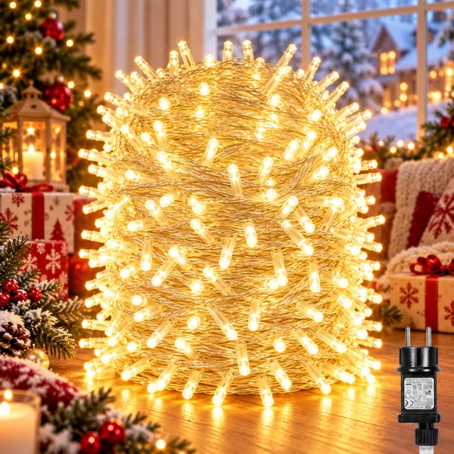 MUPOO Fairy Lights-LED Kerst Lichtsnoer Buiten IP44-Kerstverlichting Lichtslinger met Veilige 31V Laagspanning&Energiezuinig-8 Lichtstanden&Geheugen-Timer 6U/18U-Kerstboomverlichting voor Schutting,Gevel,Kerst-400 LED-50m-Warm Wit-1 Stuk