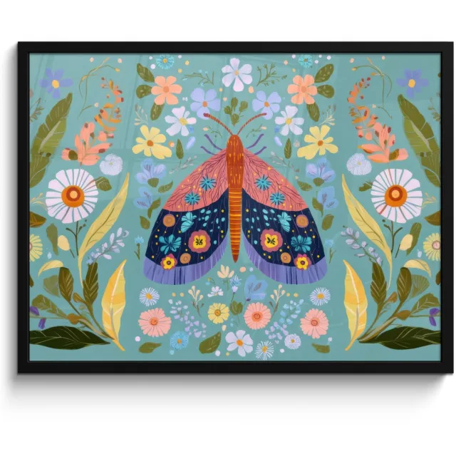 FrameYourWall Poster in lijst - Fotolijst 70x50 cm - Posters - Vlinder - Sierlijk - Bloemen - Bladeren - Posterlijst zwart - Decoratie - Wanddecoratie woonkamer - Muurdecoratie slaapkamer