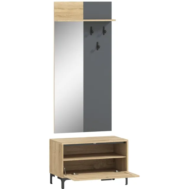 Clruro Kledingkast - 120x40x50 cm - Garderobeset Met Schoenbank, Spiegel & 3 Haken - Open Opbergruimte Voor Hal - Hout - Natuurlijk/Grijs Natuurlijk Hout